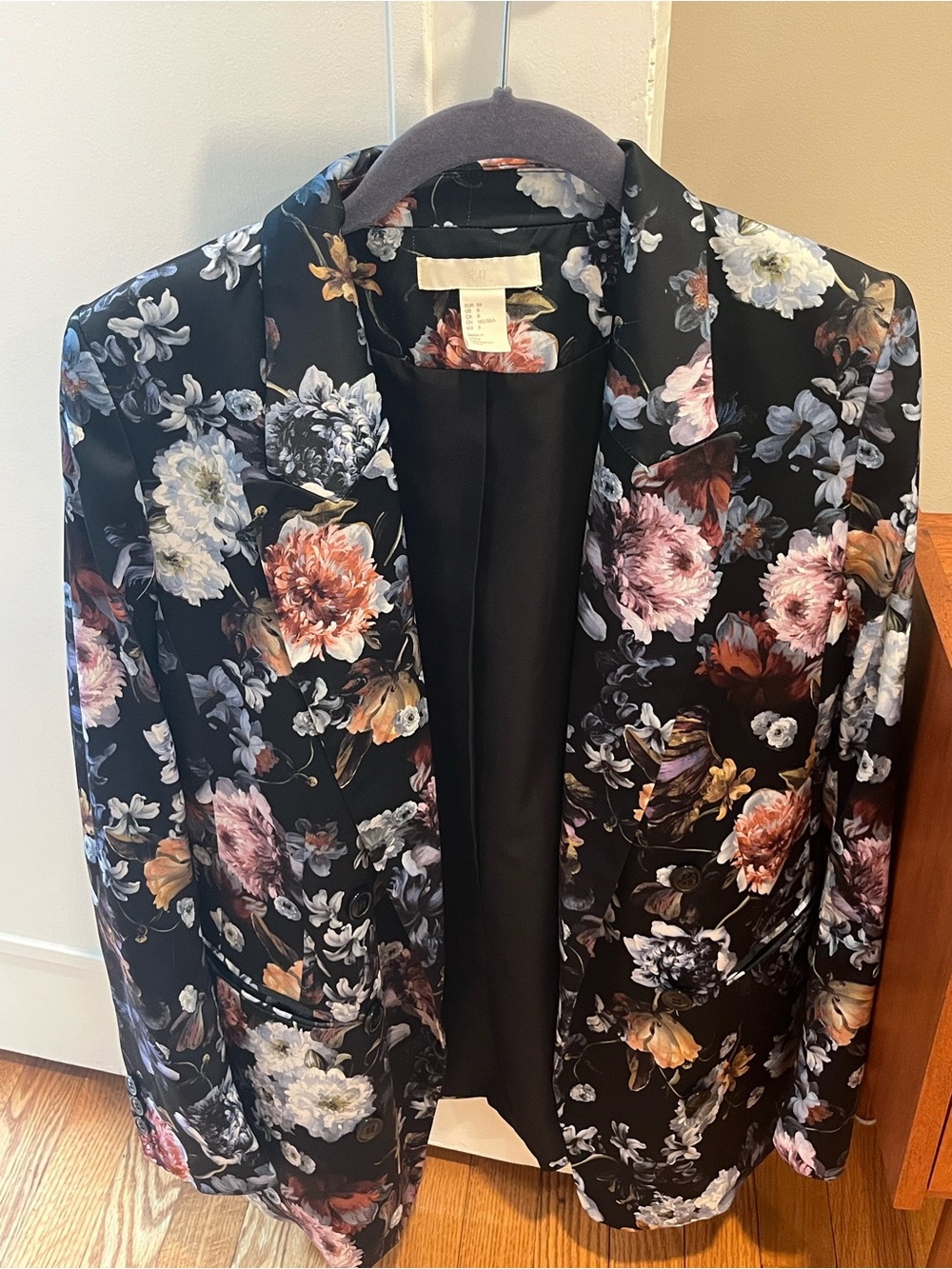 H&M Satin Floral Print Black Blazer Jacket - Women's